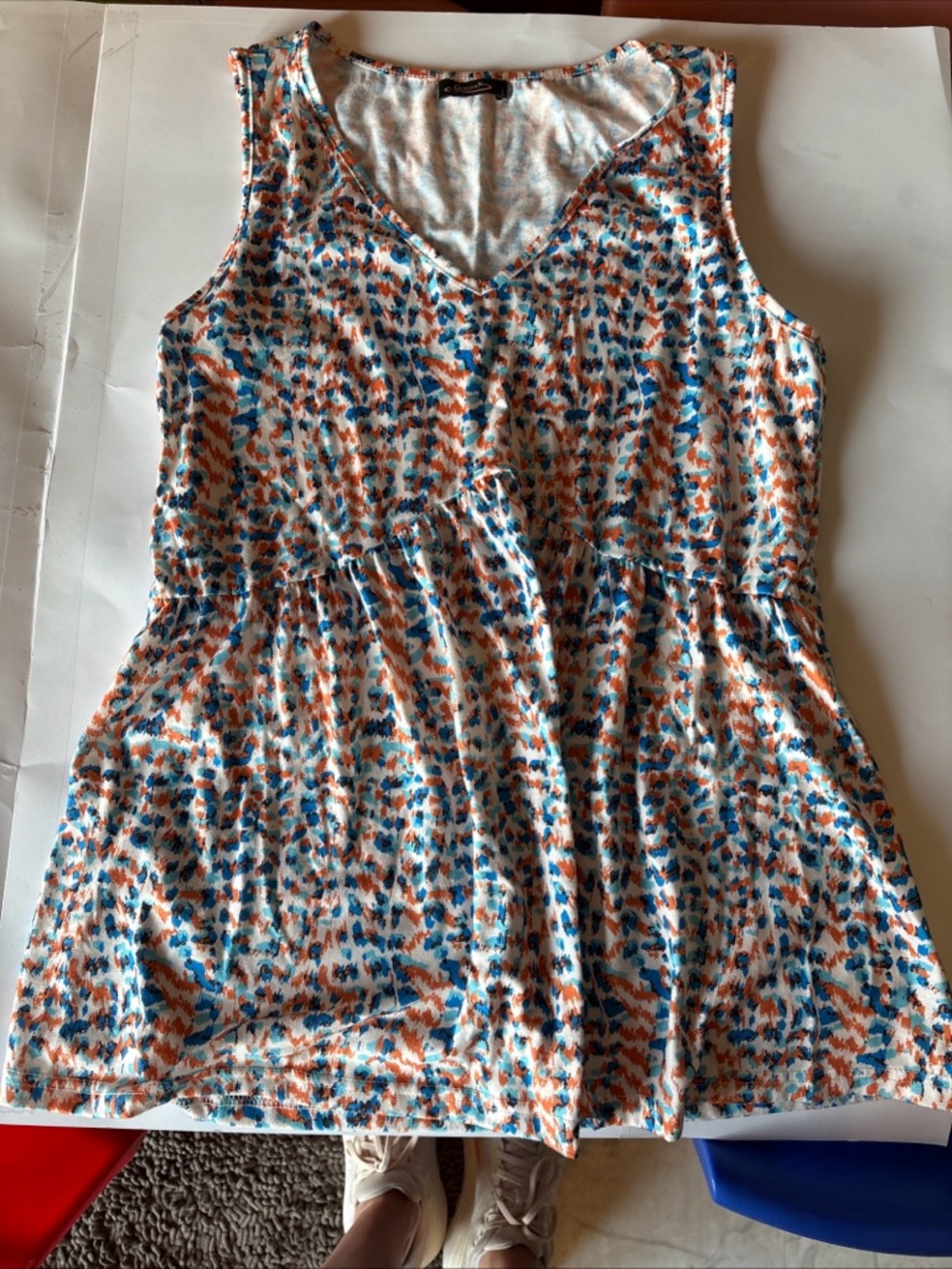Sleeveless V-Neck Printed Peplum Tank Top - Blue & Orange